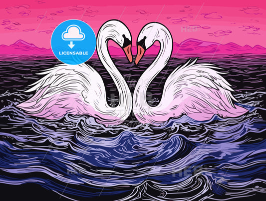 Love swans making a heart on misty water