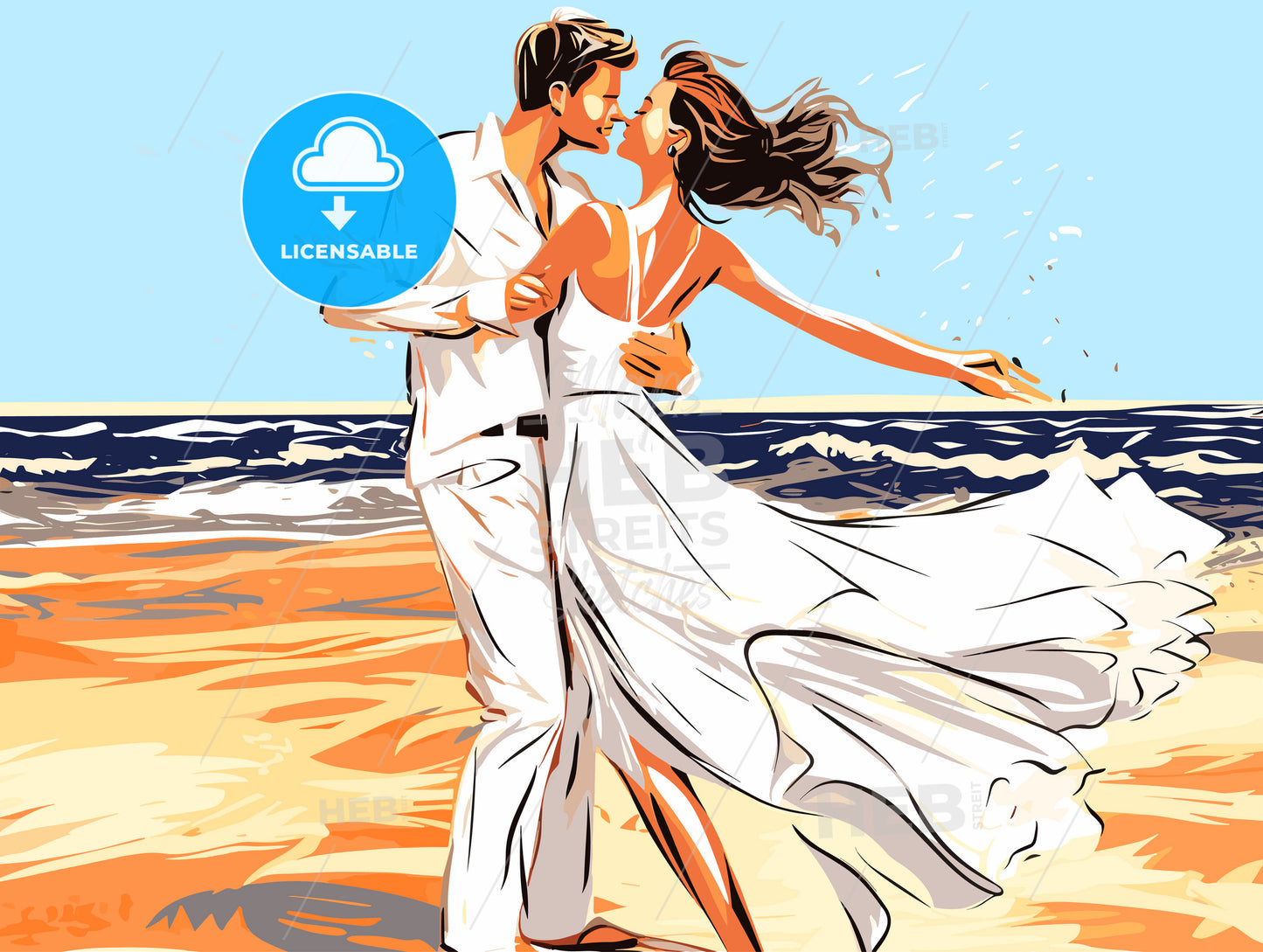 Loving wedding couple dancing on beach in white dress