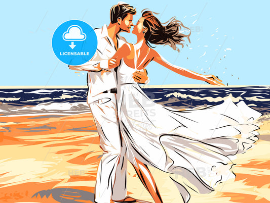 Loving wedding couple dancing on beach in white dress