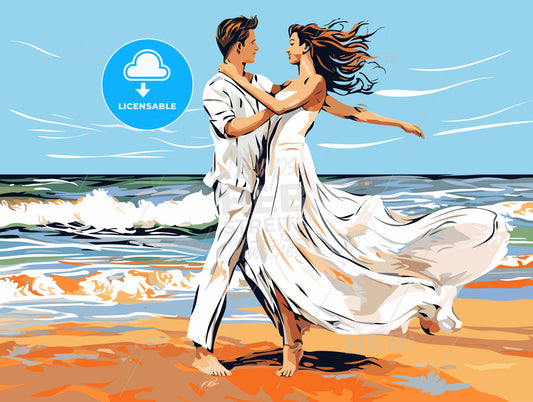 Loving wedding couple dancing on beach in white dress