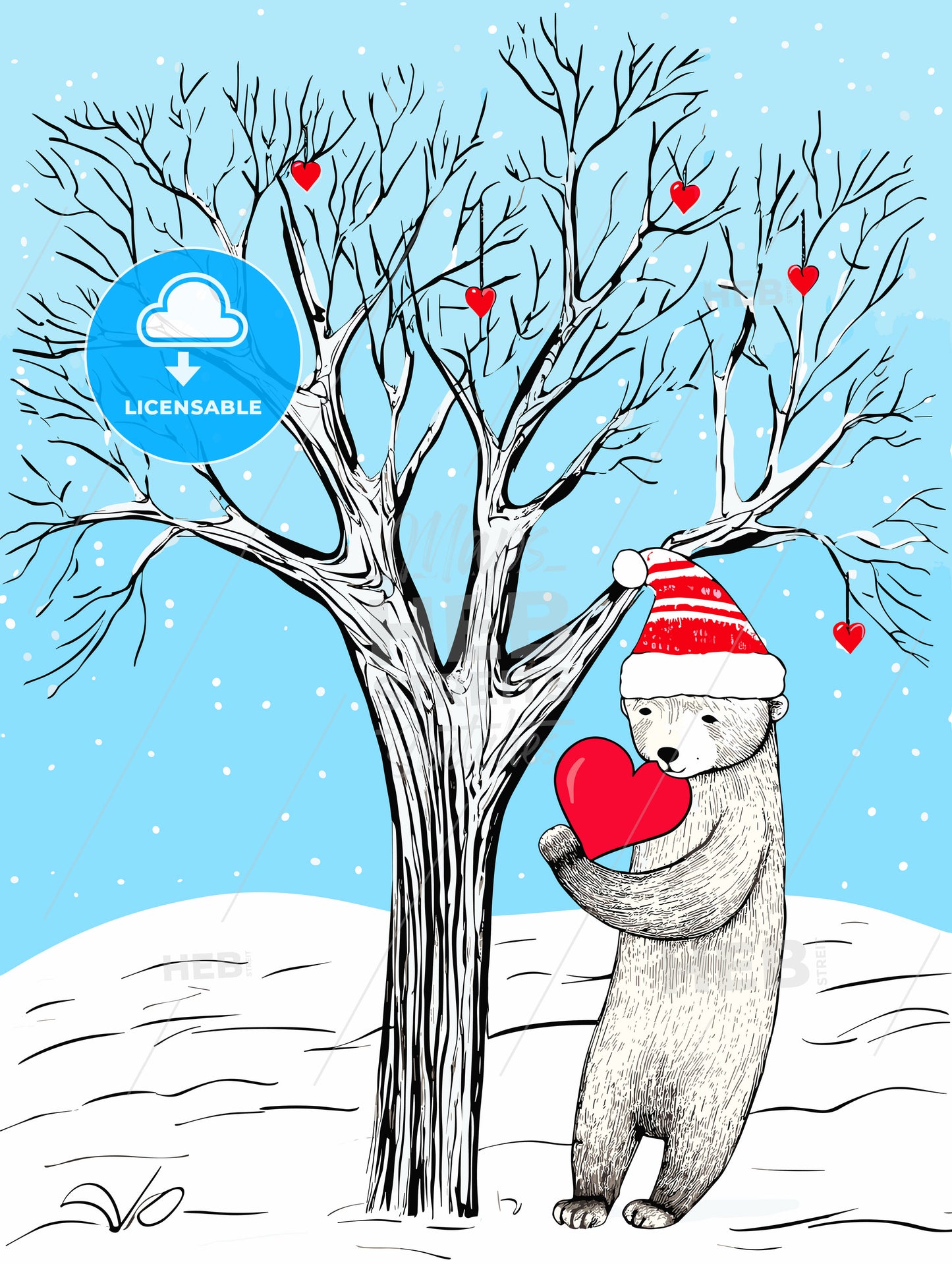 Merry christmas card with a cute bear huging a heart