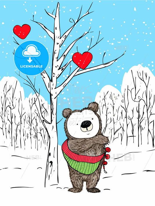Merry christmas card with a cute bear huging a heart