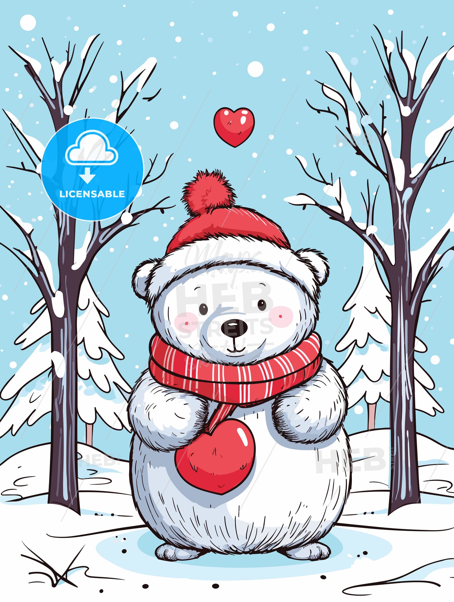 Merry christmas card with a cute bear huging a heart