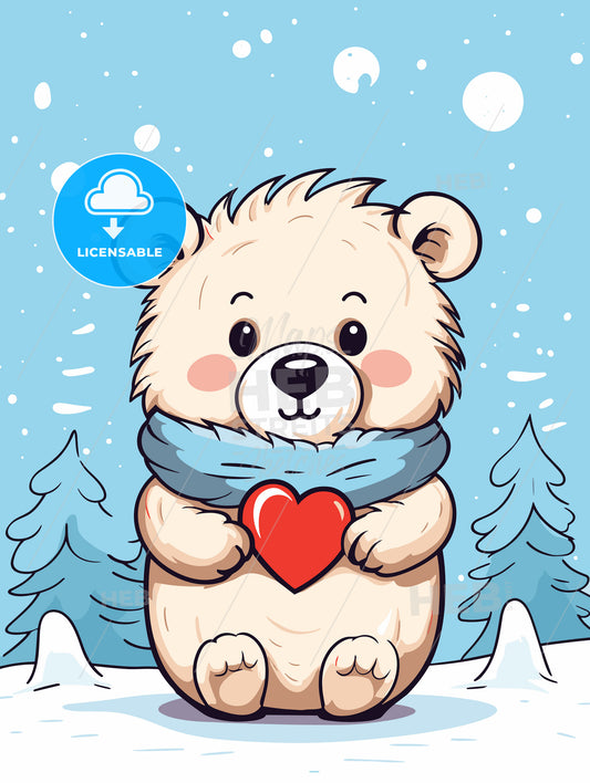Merry christmas card with a cute bear huging a heart