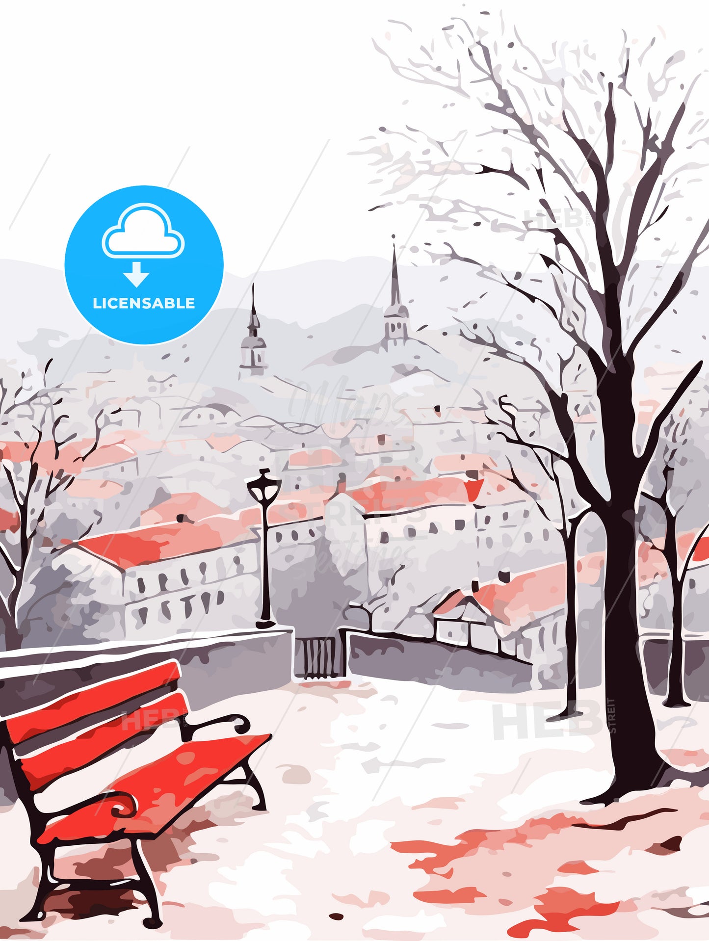 Red benches in the fog in winter poster