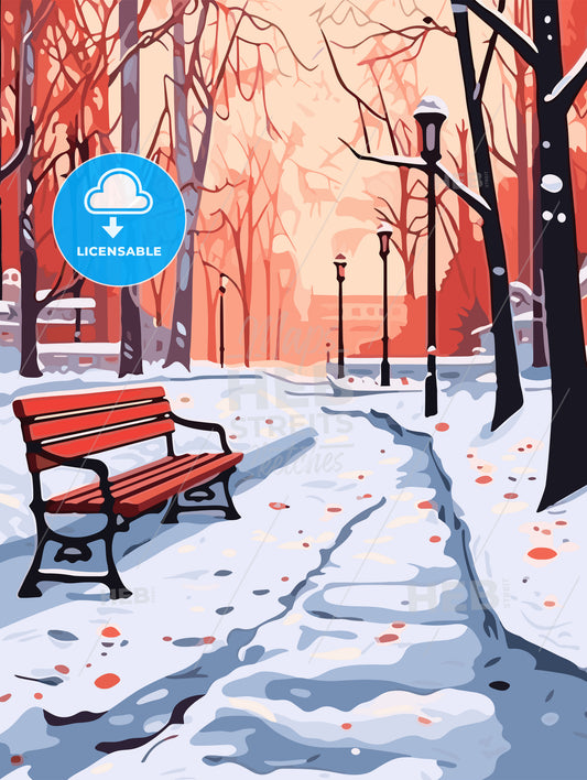 Red benches in the fog in winter poster