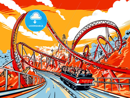 Red roller coaster ride at fairground theme park