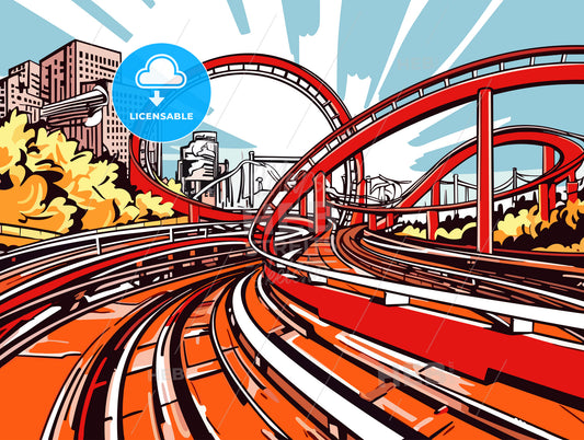 Red roller coaster ride at fairground theme park