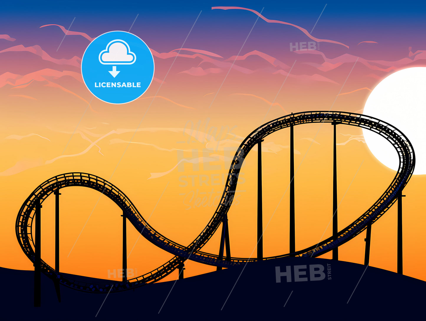 Roller coaster loop silhouetted at sunset