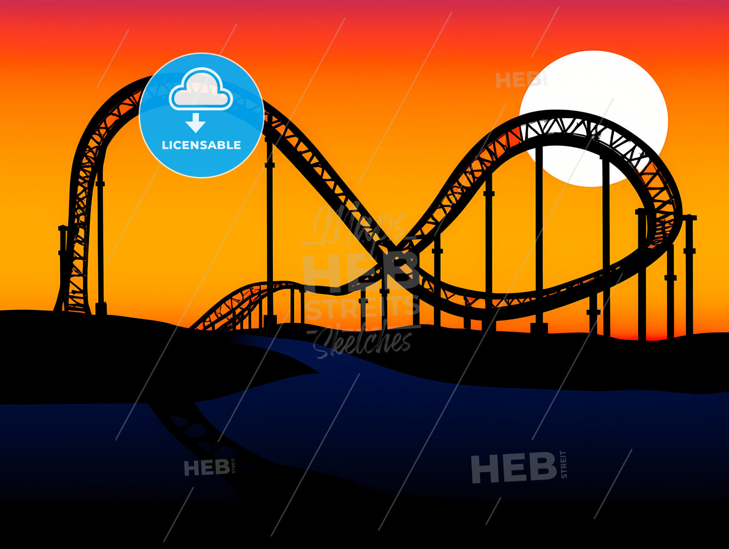 Roller coaster loop silhouetted at sunset