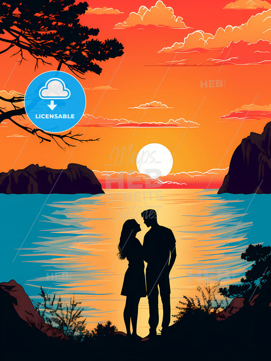 Romantic couple at uninhabited island at sunrise