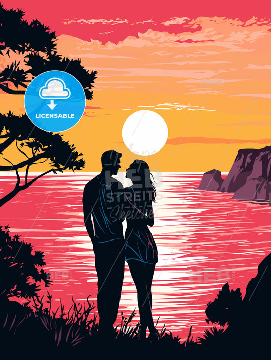 Romantic couple at uninhabited island at sunrise