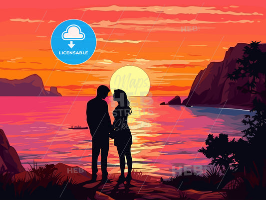 Romantic couple at uninhabited island at sunset