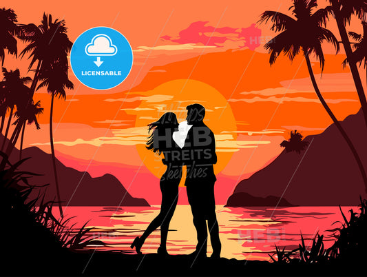 Romantic couple at uninhabited island at sunset