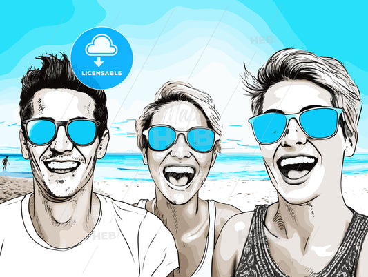 Smiling friends in sunglasses on summer beach