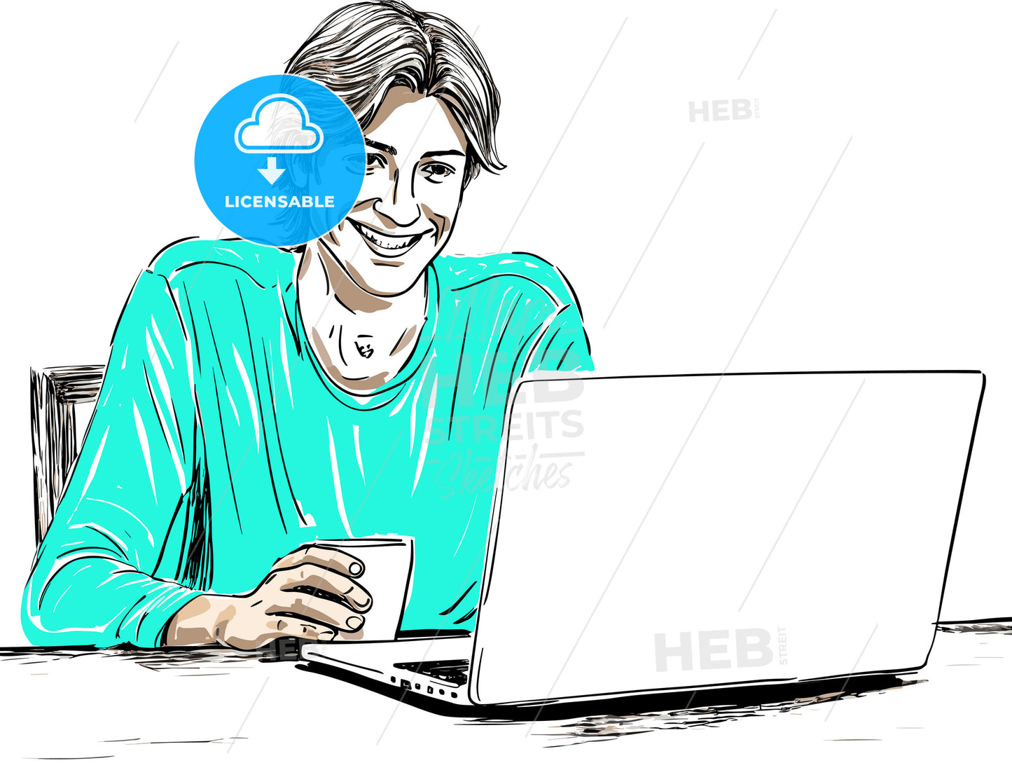 smiling young man with cup of coffee using laptop