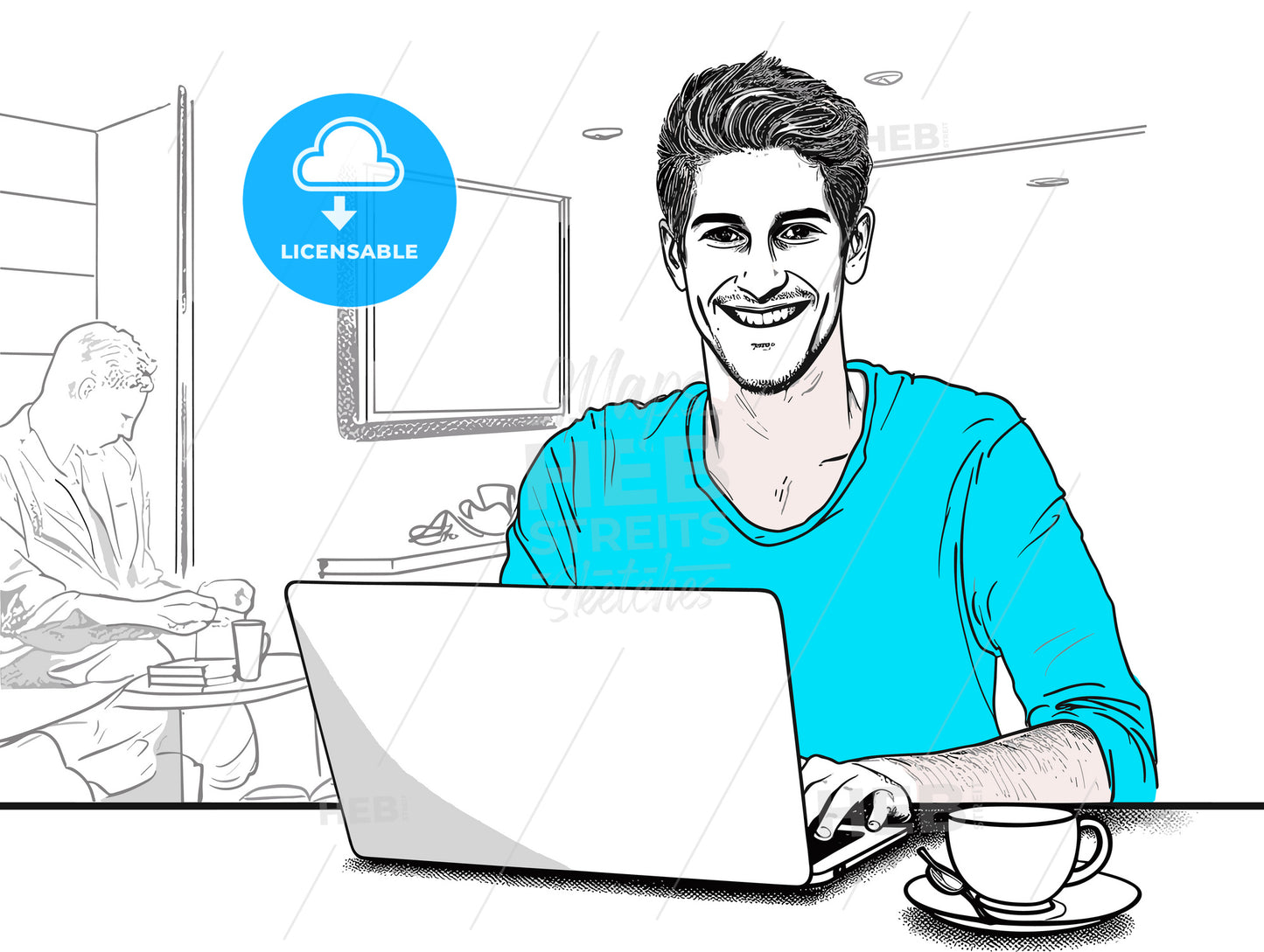 smiling young man with cup of coffee using laptop