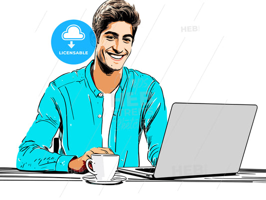 smiling young man with cup of coffee using laptop