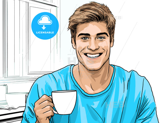 smiling young man with cup of coffee using laptop