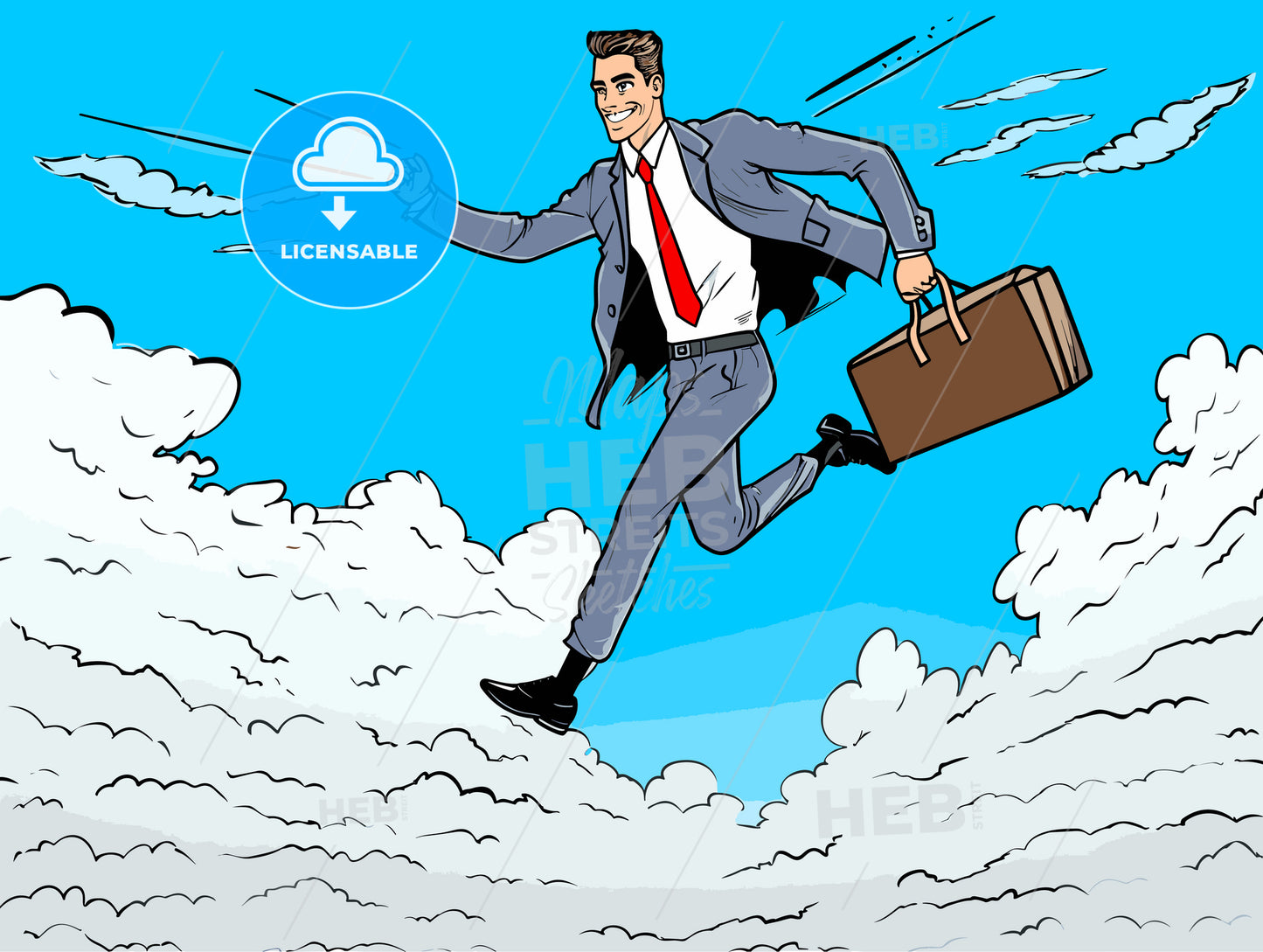 Super businessman is flying with his briefcase