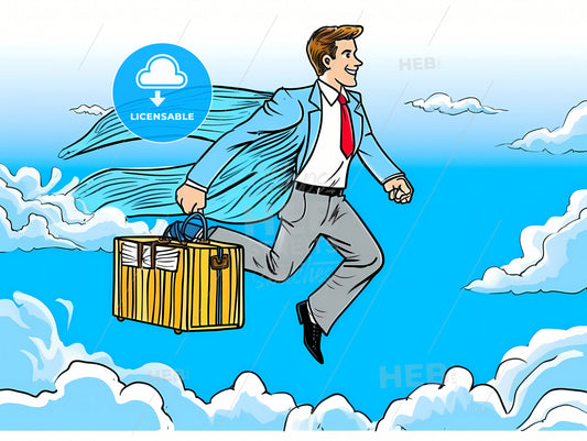 Super businessman is flying with his briefcase