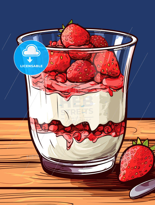 Yoghurt with granola and strawberries in glass