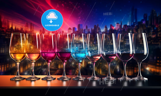 A Row Of Wine Glasses With Different Colored Liquid In Them