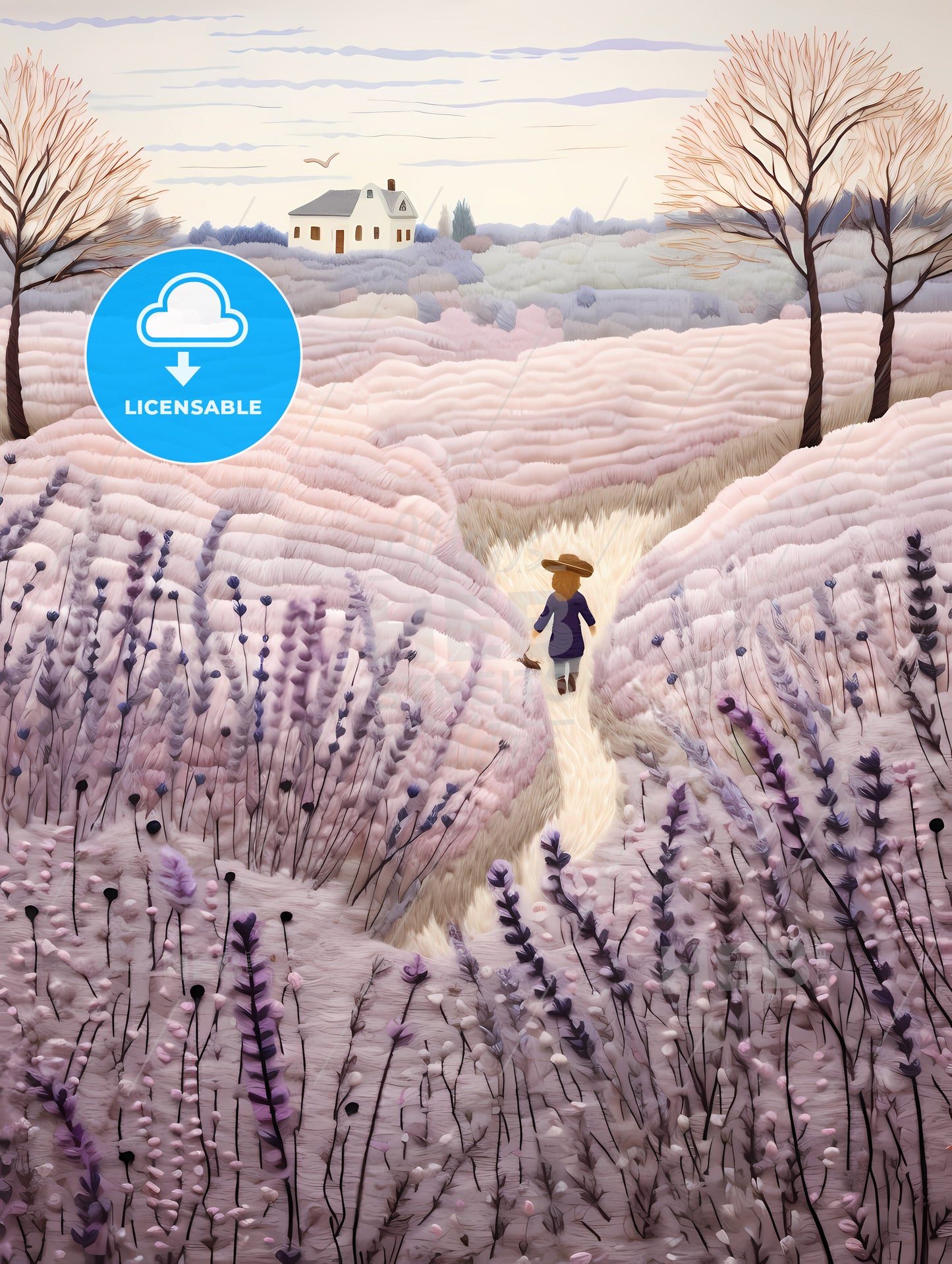 A Painting Of A Person Walking Through A Field Of Lavender