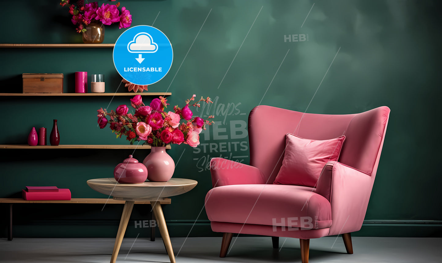 A Pink Chair And A Vase Of Flowers