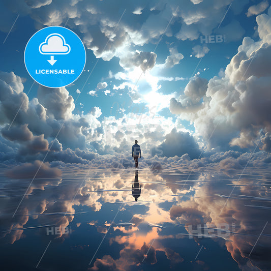 A Person Walking On Water With Clouds And Blue Sky