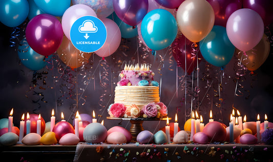 A Cake With Candles And Balloons