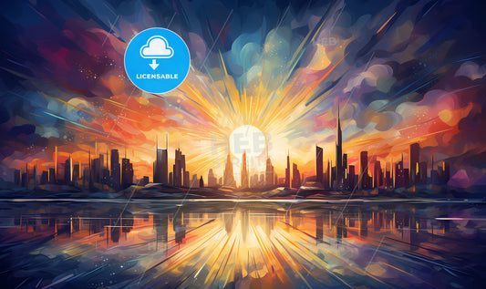 A City Skyline With A Sunset Behind It