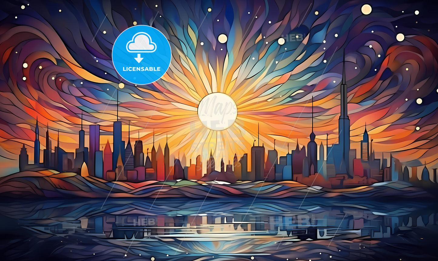 A Colorful Cityscape With A Sun Behind It