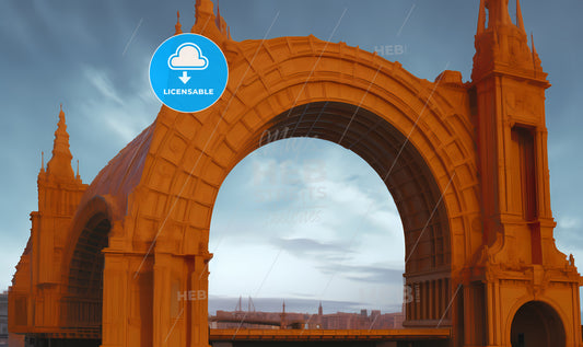 An Orange Archway With A City In The Background