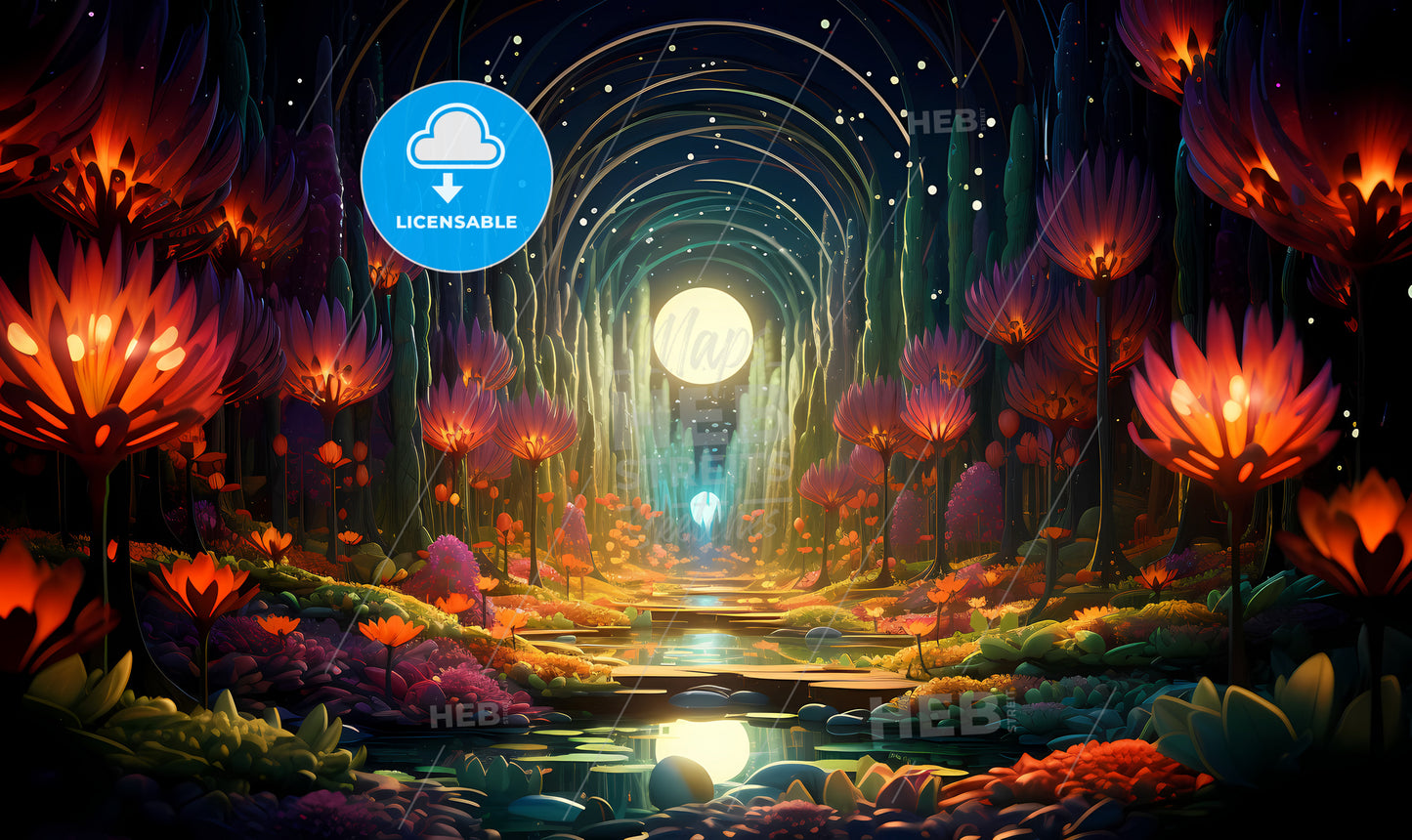 A Stream With Trees And Flowers