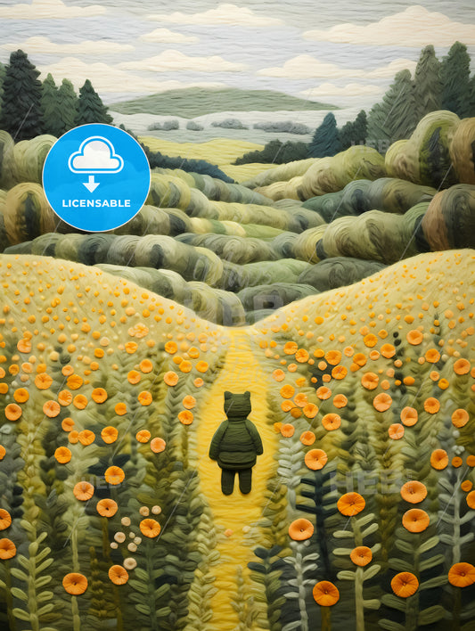 A Painting Of A Cartoon Animal Walking On A Path In A Field Of Flowers