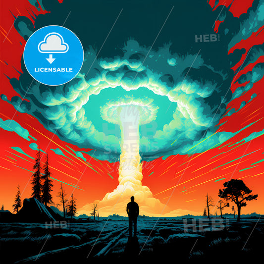 A Man Standing In A Field With A Large Mushroom Cloud In The Sky
