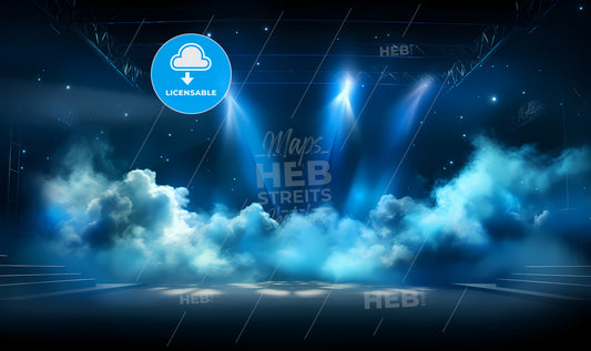 A Stage With Blue Lights And Clouds