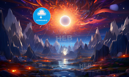 A Landscape With Mountains And A River And A Bright Sun