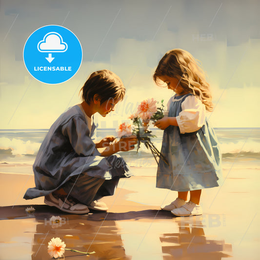 A Boy And Girl Holding Flowers On A Beach