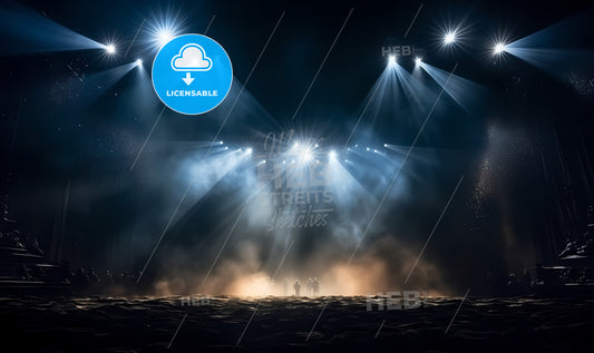 A Group Of People Standing In Front Of A Stage With Lights