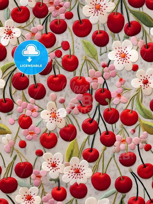 A Pattern Of Red Cherries And White Flowers