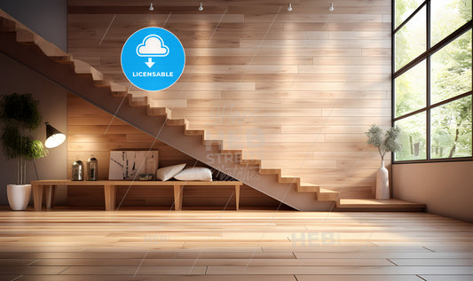 A Wood Floor With A Bench Under The Stairs