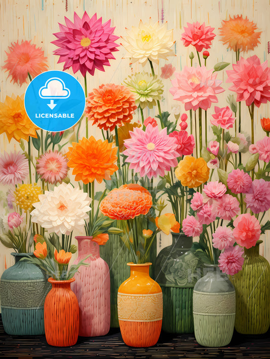 A Group Of Colorful Flowers In Vases