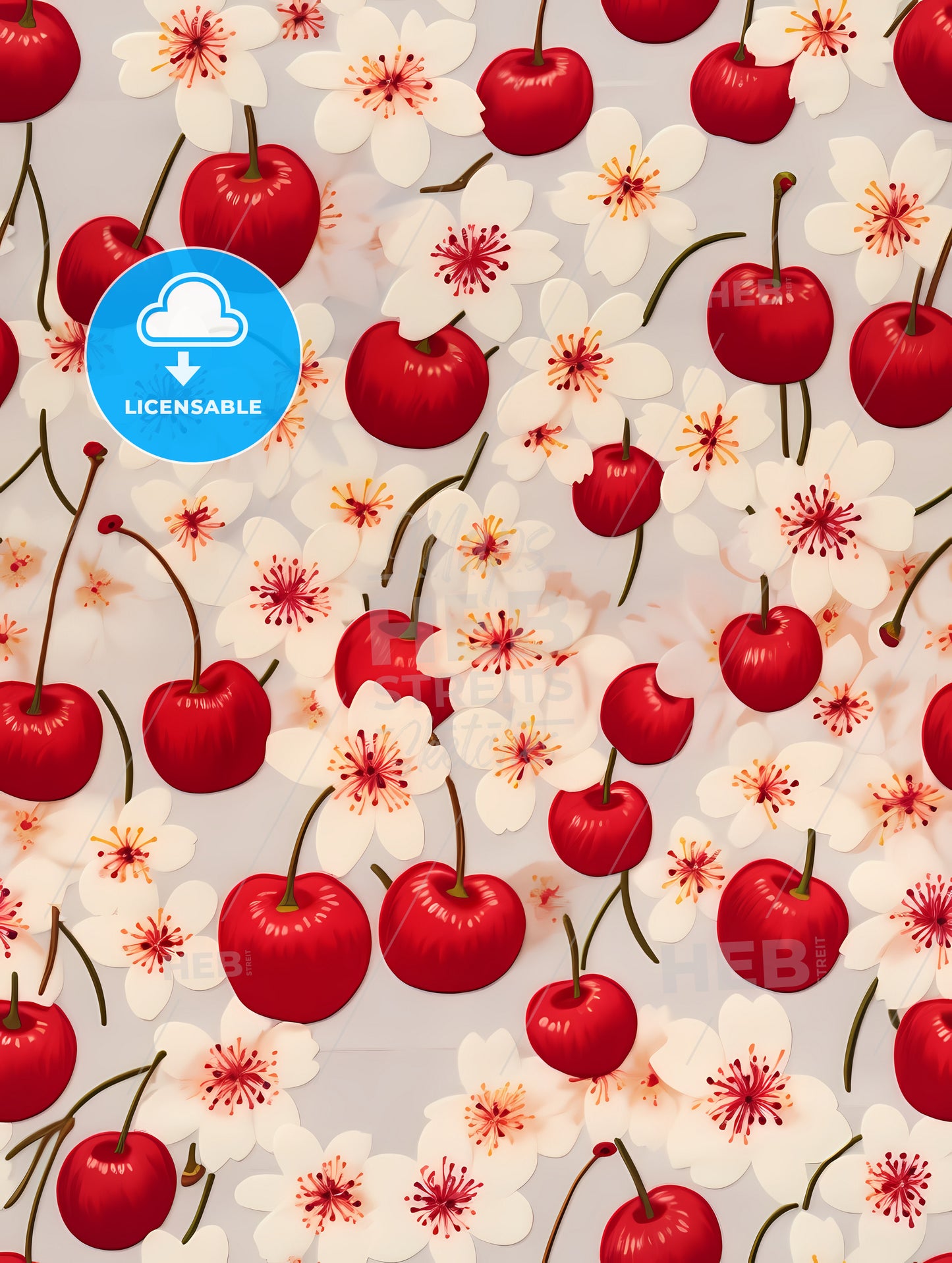 A Pattern Of Red Cherries And White Flowers
