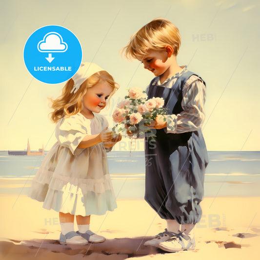 A Boy And Girl Holding Flowers On A Beach