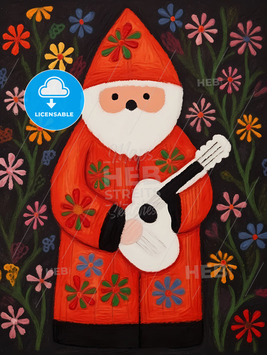 A Painting Of A Santa Claus Holding A Guitar
