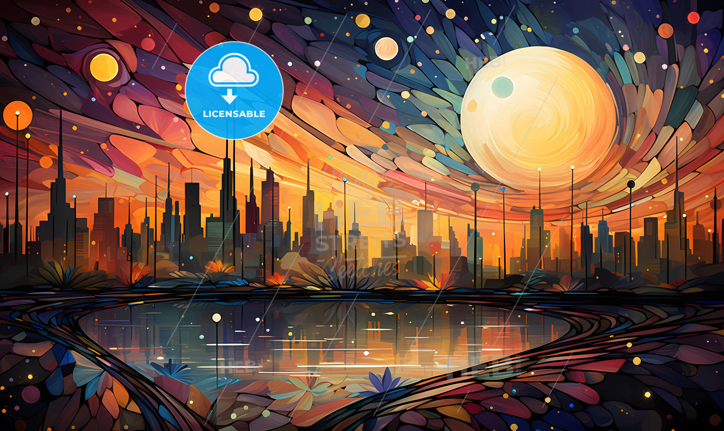 A Colorful Landscape With A City And A Lake