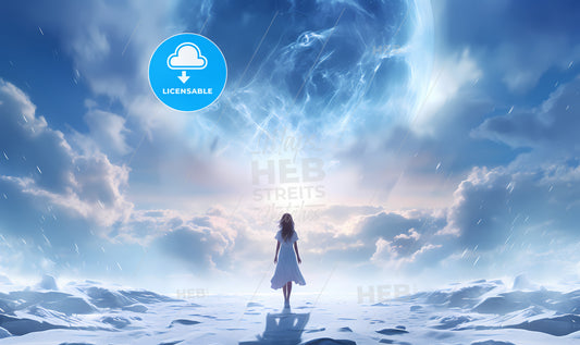 A Woman In A White Dress Standing In The Snow