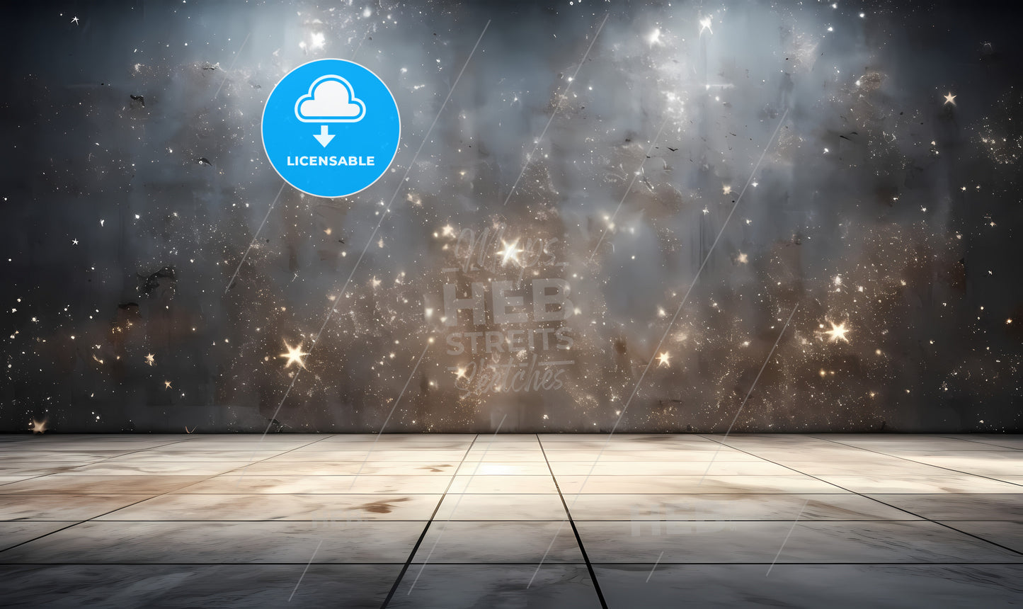 A Room With A Tile Floor And A Wall With Stars